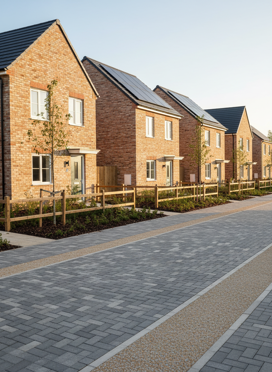 A row of newly built, modest two-storey brick homes with pale red and warm buff tones, each with simple pitched roofs of dark slate tiles and solar panels neatly aligned. Compact front gardens feature low native hedging and young trees in mulched beds, separated by low timber fencing. The homes line a quiet, clean cul-de-sac with permeable paving and clearly marked pedestrian paths. Soft late-afternoon natural light casts gentle shadows, highlighting the textures of brick and foliage. Shot at eye level in photographic realism, with a wide-angle lens capturing the entire street, the composition uses the rule of thirds to emphasize both the homes and shared space, conveying stability, dignity, and long-term community stewardship without showing any people.