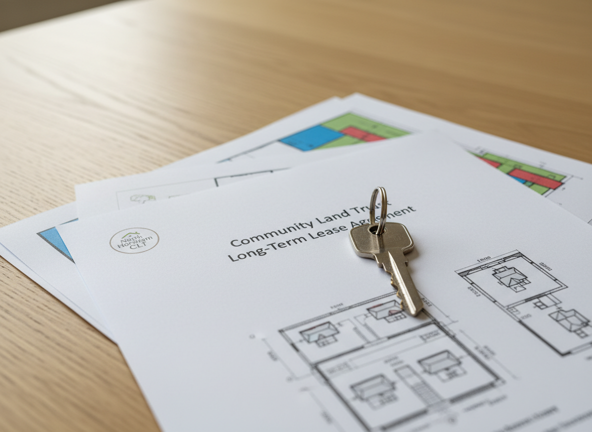 A close-up of a brushed stainless-steel key resting on a neatly stacked bundle of printed housing plans and legal documents on a light oak meeting table. The key sits on top of a document titled “Community Land Trust Long-Term Lease Agreement” in clear, professional typography, while coloured site layout diagrams and elevation drawings fan out beneath. A small, understated North Horsham CLT logo appears in the corner of the top page. Soft window light from the left creates subtle reflections along the key’s edges and a gentle gradient across the paper. Photographic realism, shallow depth of field, and an eye-level composition focus attention on the key and document, symbolising secure, locally affordable homes and robust governance, in a calm, businesslike atmosphere.