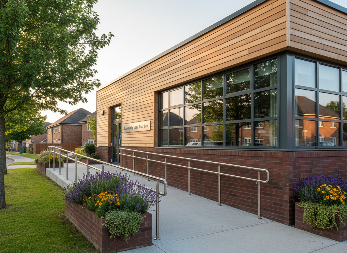 A thoughtfully designed community hub building in North Horsham, constructed with a mix of red brick and horizontal timber cladding, standing on a landscaped corner plot. Large, high-efficiency windows reflect nearby trees and low-rise homes, while a discreet sign near the entrance reads “Community Land Trust Hub” in modern, understated lettering. Raised planters with pollinator-friendly shrubs and herbs flank an accessible ramp with metal handrails. Warm early-evening light washes the facade, creating soft highlights on the timber grain and brick texture. Photographic realism with an eye-level, slightly angled composition uses the rule of thirds to balance the building and surrounding greenery, evoking a welcoming yet professional atmosphere that suggests local partnership, shared assets, and long-term community benefit.