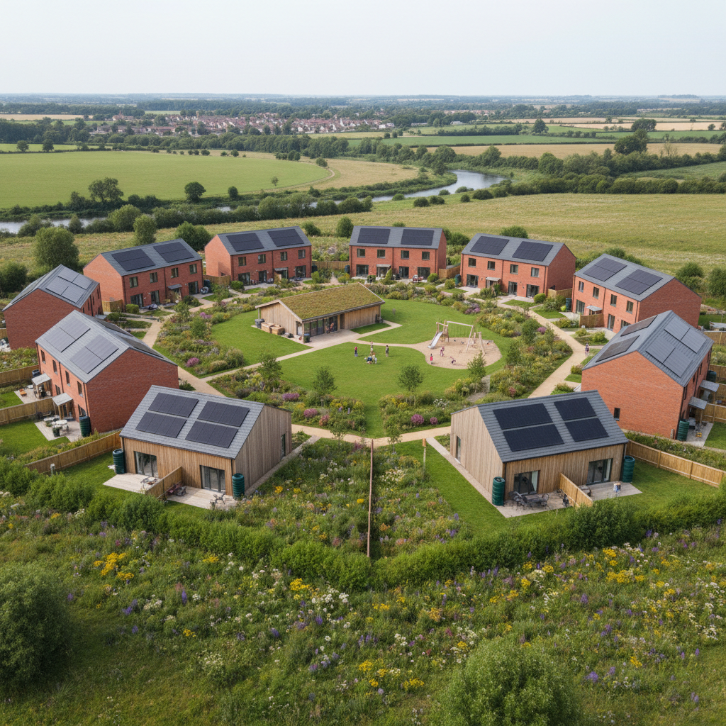 A detailed aerial view of a compact neighbourhood of affordable homes arranged around a central green, all set within a semi-rural edge-of-town landscape. The homes are a mix of red-brick terraces and small timber-clad buildings with simple modern lines, energy-efficient roofing, and visible rainwater harvesting barrels. The central green contains a small community building and play area, bordered by native hedges and wildflower patches. Soft overcast daylight creates even, diffused illumination with minimal harsh shadows, supporting a calm, professional mood. Photographic realism with sharp focus throughout and a slightly elevated drone-style perspective shows how the land is used efficiently while preserving open space, illustrating the principle of community-owned land held in perpetuity.