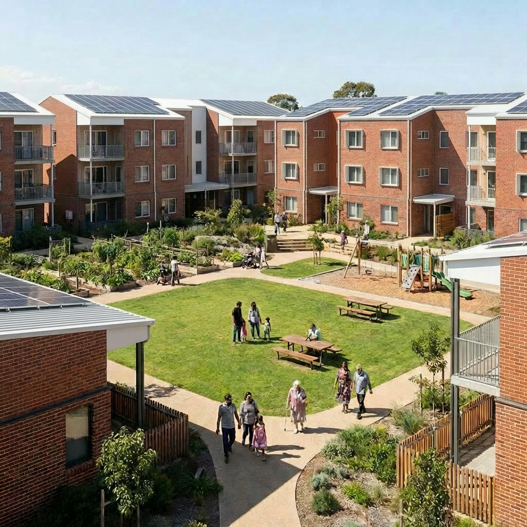A sustainable housing development with a central courtyard, people on a lawn, and solar-paneled roofs.